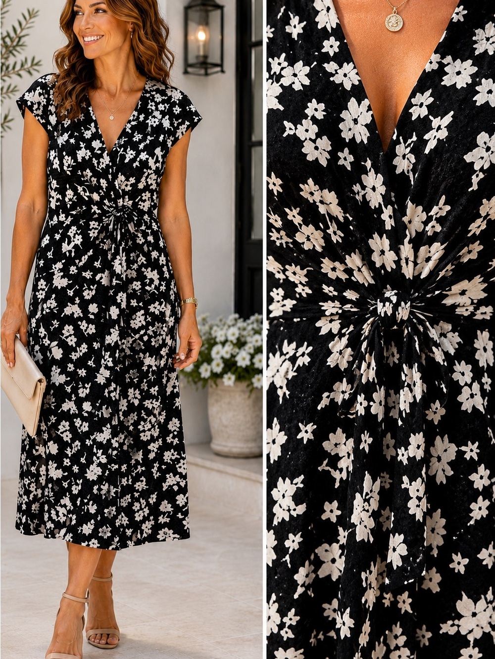 Robbie Bee Black Ivory Floral Tie Waist Midi Dress Size Small